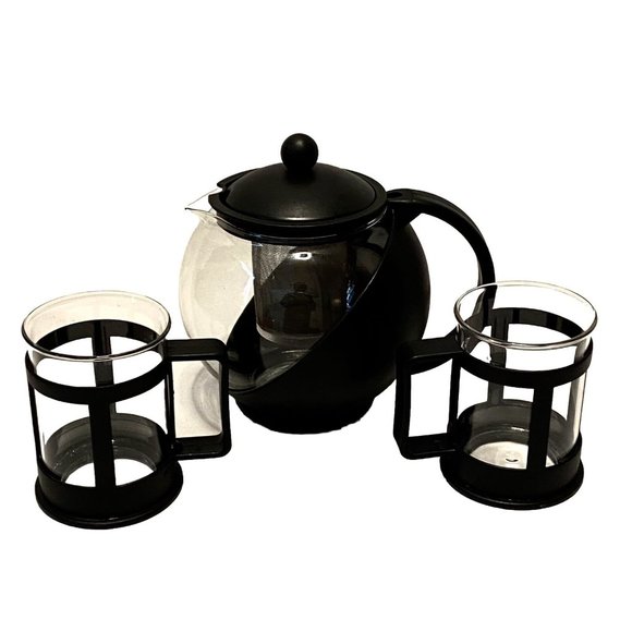 Delura Tea Pot W Stainless Infuser And 2 Cups 25 Ounce Tempered Glass Used Once - Picture 1 of 6